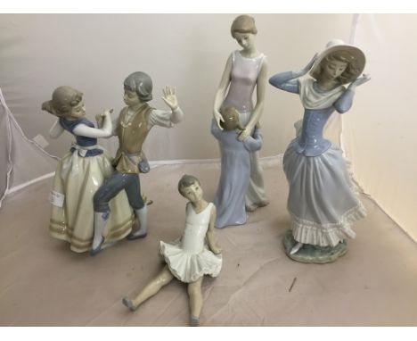 Three Lladro figures and a Nao example to inc dancers and mother with child