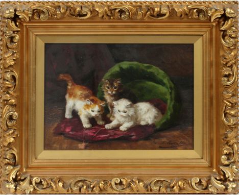 ALFRED BRUNEL DE NEUVILLE OIL ON CANVAS, H 9.5",  L 13", THREE KITTENS:  Alfred Arthur Brunel de  Neuville [French, 1852-1941