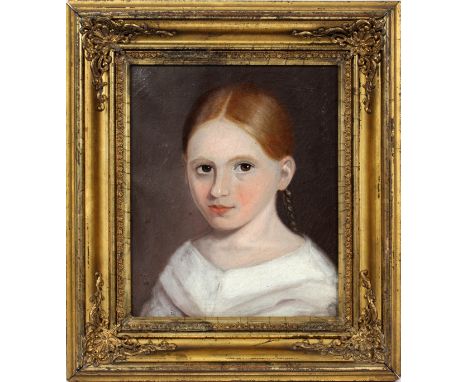 AMERICAN 19TH.C. PORTRAIT, OIL ON CANVAS 11" X  10:  Young girl identified as "Corinne's  grandmother Gerrish" on accompanyin
