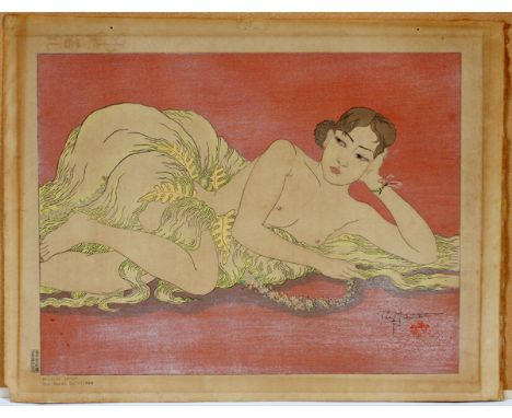 PAUL JACOULET [FRENCH 1902-1960], COLOR WOODCUT,  H 12", W 15 1/2", "PREMIER AMOUR. YAP, OUEST  CAROLINES":  Pencil signed; r