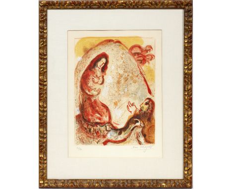 MARC CHAGALL [FRENCH/RUSSIAN, 1887-1985], COLOR  LITHOGRAPH, "RACHEL STEALS HER FATHER'S IMAGE"  #,50/50:  J. L. Hudson label