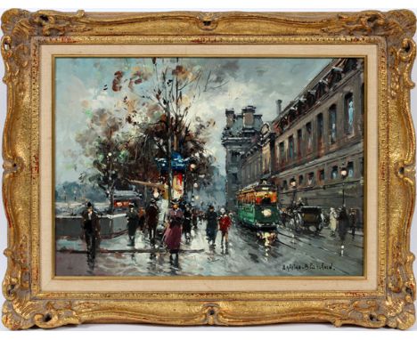 ATTRIBUTED TO ANTOINE BLANCHARD [FRENCH,  1910-1988], OIL ON CANVAS, C. 1963, H 13", W  18", PARIS STREET SCENE WITH STREETCA