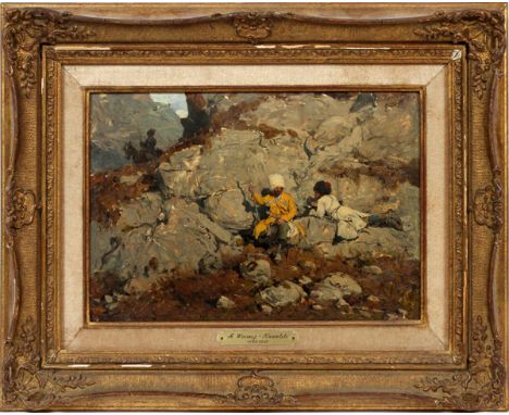 ALFRED VON WIERUSZ-KOWALSKI [POLISH 1849-1915],  OIL ON WOOD PANEL, H 9", W 13", SNIPERS BEHIND A  ROCK, CAVALRY SOLDIER APPR