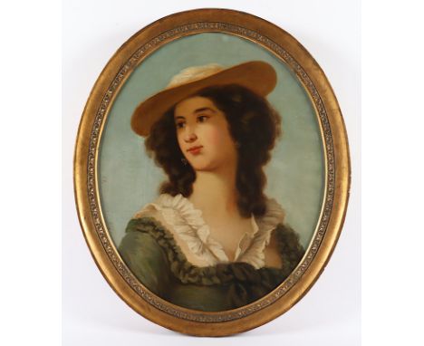 PORTRAITMALER DES 19.JH., "Bildnis einer Frau mit Hut", Öl/Lwd., 56 x 47, Mitte links Signaturreste und "1857" datiert, R.