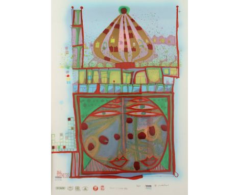 HUNDERTWASSER, Friedensreich, "Homo humus come va - 10002 nights", Farbserigrafie mit Metallfolienprägungen, ca. 70 x 48, 198