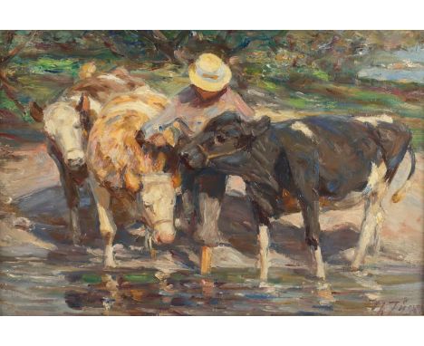 ZÜGEL, Heinrich Johann von (1850-1941), "Drei Jungrinder mit Burschen an der Tränke", Öl/Lwd., 40 x 60, unten rechts signiert