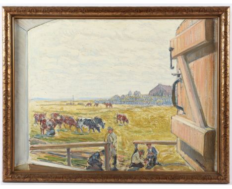 MISSFELDT, Friedrich (1874-1969), "Landschaft mit Bauern und Kühen", Öl/Lwd., 48 x 64, unten rechts signiert, R.