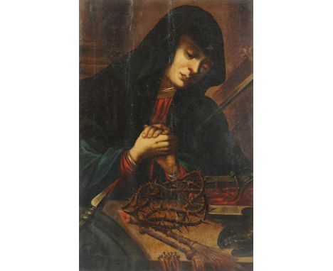 SAKRALMALER UM 1700, "Schmerzensmutter mit den Marterwerkzeugen", Öl/Lwd., 83 x 53, auf Holz aufgezogen, besch., R.