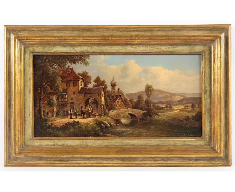 RUDOLF, Rainer Maximilian (*1931), "Kleinstadt im Bayrischen", Öl/Holz, 20 x 40, unten rechts signiert, R.