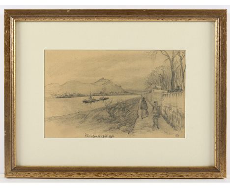 WOLTER, Toni (1875-1929), "Rheinansicht mit Drachenfels", Bleistift/Papier, 15 x 24 (Passepartoutausschnitt), unten rechts mo