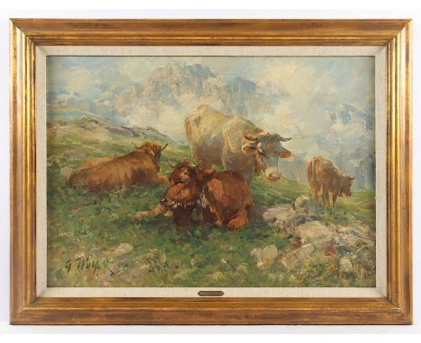 WOLF, Georg (1882-1962), "Vier Kühe in einer Gebirgslandschaft", Öl/Lwd., 50 x 70, unten links signiert, R.