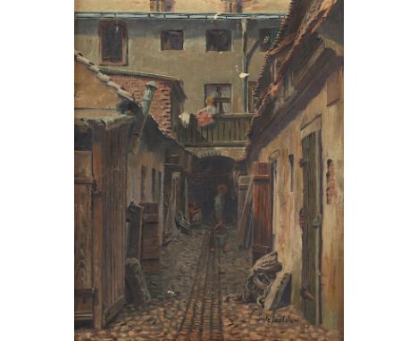 WALDAU, Grete (1868-1951), "Hinterhof in einer Altstadt", Öl/Lwd., 33 x 28, besch., unten rechts signiert, R.