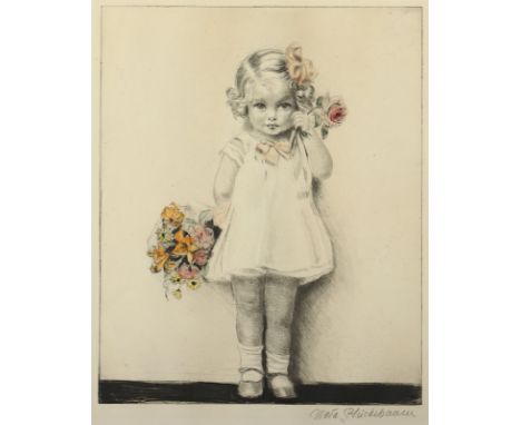 PLÜCKEBAUM, Meta (1876-1954), "Kleines Mädchen mit Blumenstrauß", Originalradierung, 25 x 20, handsigniert, R.