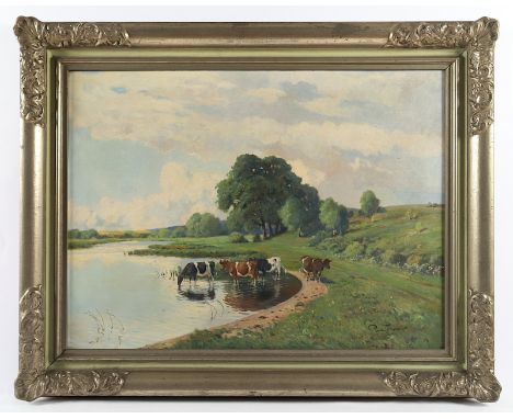 THOMAS, Paul (1868-1910), "Sommerliche Landschaft mit Kühen", Öl/Lwd., 60 x 80, unten rechts signiert, R.