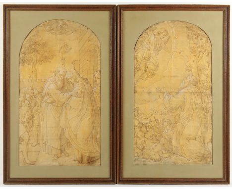 ZEICHNER WOHL 17.JH., "Begegnung von Joachim und Anna an der Goldenen Pforte" und "Verkündigung an die Hirten", Feder/Tusche/