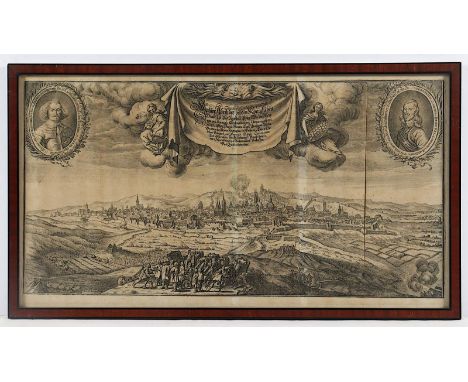 PRAG, "Wahrer Abriß der beyden Königlichen Haubt Alt und Newstatt Prag... belagert 1648". Gesamtansicht mit Belagerung, im Vo