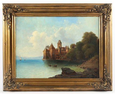 MONOGRAMMIST 2.H.19.JH., "Ansicht von Schloss Chillon am Genfersee", Öl/Lwd., 33 x 45, besch., unten rechts monogrammiert "DB