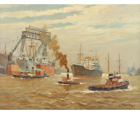 MERCKER, Erich (1891-1973), "Der Hamburger Hafen mit Blick auf die Stülcken Werft", Öl/Lwd., 60 x 80, unten rechts signiert, 