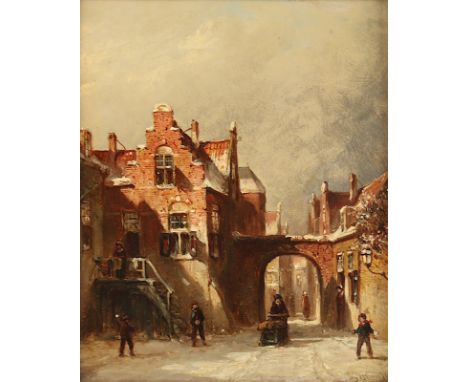 NIEDERLANDE E.19.JH., "Winter in einer Holländischen Kleinstadt", Öl/Holz, 22,5 x 19, unten rechts unleserlich signiert und "