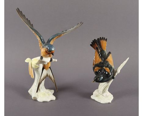 ZWEI FIGUREN "VOGEL AUF AST", naturalistisch staffiert, H bis 25,5, Entwurf Gunther R. Granget, HUTSCHENREUTER, SELB, 20.Jh.