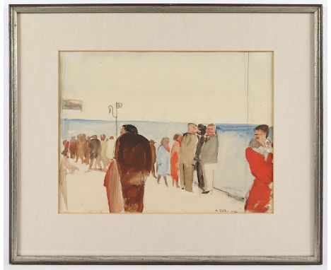 RÖLLER, K. (Aquarellist um 1920/30), "Figuren an einer Strandpromenade", Aquarell/Bleistift/Papier, 28 x 37 (Passepartoutauss