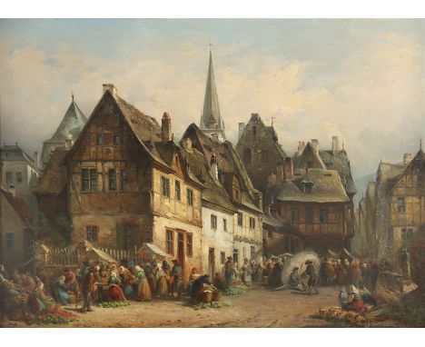 MINJON, Peter Joseph (1818-1898), "Markttreiben in Bernkastel", Öl/Lwd., 49 x 66, auf Platte aufgezogen, besch., unten rechts
