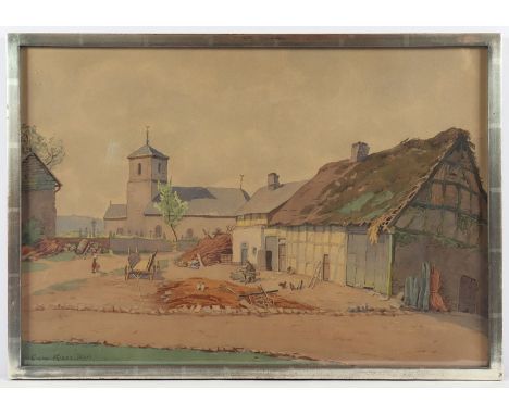 RISSE, Caspar (1850-1923), "Dorfansicht mit Kirche und Gehöft", Aquarell/Papier, 38 x 54, unten links signiert und "Ddf." für