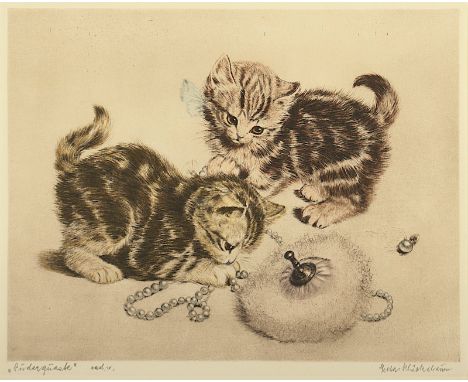PLÜCKEBAUM, Meta (1876-1945), "Zwei Kätzchen mit Puderquaste", Originalradierung, koloriert, 22 x 27, handsigniert, R.