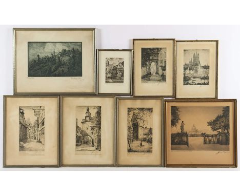 ACHT GRAFIKEN, von Theo Blum, Paul Sollmann, darunter Kölnansichten (Drei Königs-Pförtchen, Gross St.Martin, Alte Keller-Gass
