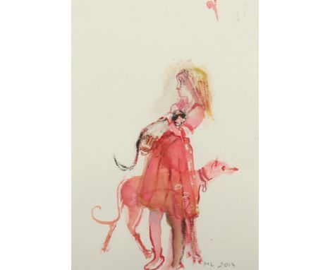 LEBSCHIK, Marie-Luise, "Mädchen mit Hund", Aquarell/Papier, 21 x 16, unten rechts monogrammiert und datiert 2014, R.
