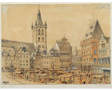 RÜDELL, Carl (1855-1939), "Blick auf den Marktplatz von Trier", Aquarell/Bleistift/Papier, 28 x 38, unten links signiert, R.