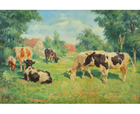 WOLF, Georg (1882-1962), "Kühe auf sommerlicher Weide", Öl/Lwd., 68 x 101, unten links signiert und "1917" datiert, R.