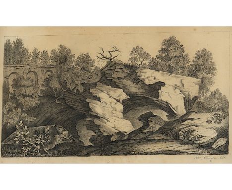 NELL, Emilie von (Zeichnerin um 1820), "Felsige Landschaft mit Brücke", schwarze Ölkreide/Kohle/Papier, 20,5 x 37,5, unten re