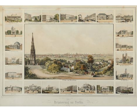 SOUVENIRBLATT "ERINNERUNG AN BERLIN", kolorierte Lithografie, v. W. Ammon (Druck L. Zöllner) bei Rocca in Berlin, um 1845/50,