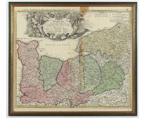 NORMANDIE, "Normannia..", kolorierte Kupferstichkarte, 48 x 56, besch., HOMANN, Erben, E.18.Jh., R.