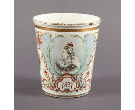 BECHER ZUM THRONJUBILÄUM KÖNIGIN VICTORIA VON ENGLAND, emailliert, H 10, mit Portrait der englischen Königin zum 60-jährigen 