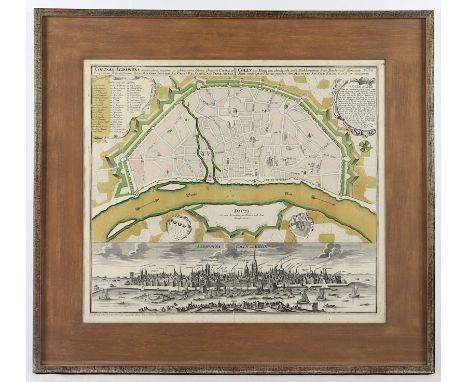 KÖLN - BEFESTIGUNGSPLAN UND ANSICHT DER STADT, "Colonia Agrippina", kolorierter Kupferstich, 49,5 x 56, SEUTTER, 18.Jh., leic