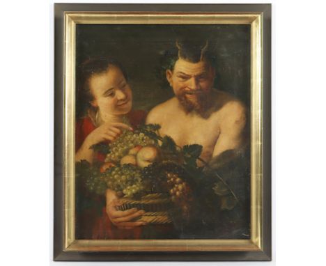 RUBENS, Peter Paul (1577-1640), Kopie E.19./A.20.Jh. nach, "Satyr und Mädchen mit Früchtekorb", Öl/Lwd., 52 x 42, besch., R.