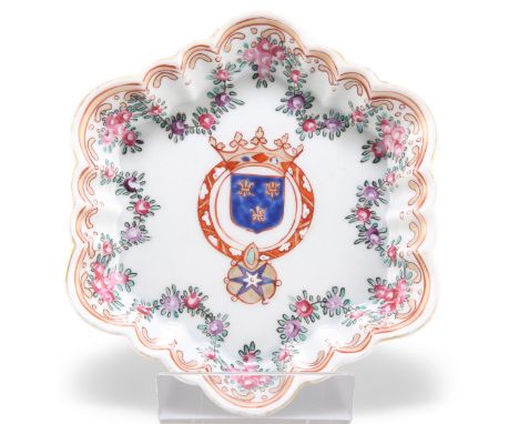 A SAMSON ARMORIAL DISH, in Chinese Export style, shaped hexagonal, enamel painted with coat of arms and swags. 15cm wide