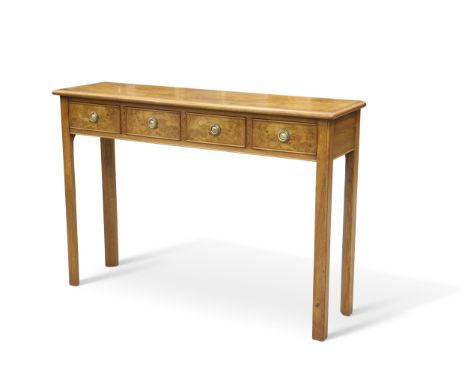 A GEORGIAN-STYLE BURR OAK CONSOLE TABLE, the half-veneered and crossbanded moulded rectangular top above four frieze drawers,