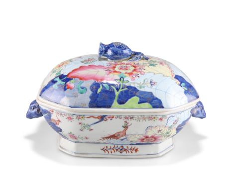 A CHINESE FAMILLE ROSE 'TOBACCO LEAF' TUREEN AND COVER, of canted rectangular form with rams head handles. 36.5cm wideCONDITI