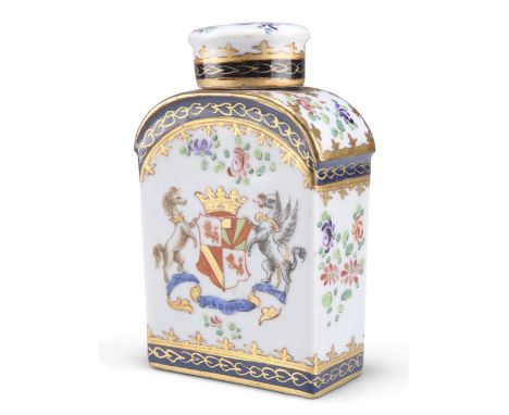 A SAMSON ARMORIAL TEA CANISTER, LATE 19TH CENTURY, in Chinese Export style, enamel painted with coat of arms and scattered fl