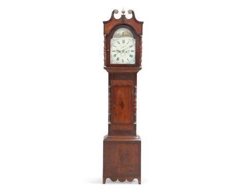 AN EARLY 19TH CENTURY OAK AND MAHOGANY EIGHT-DAY LONGCASE CLOCK, the 13-inch painted break-arch dial signed Thos Jenkins, Dow