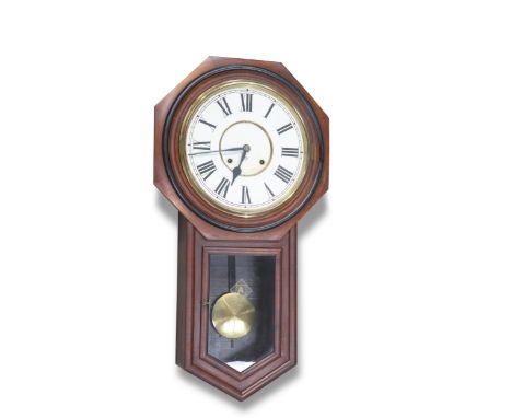 AN AMERICAN DROP-DIAL WALL CLOCK, by Ansonia, with octagonal case and glazed door, the dial with Roman numerals, two-train mo