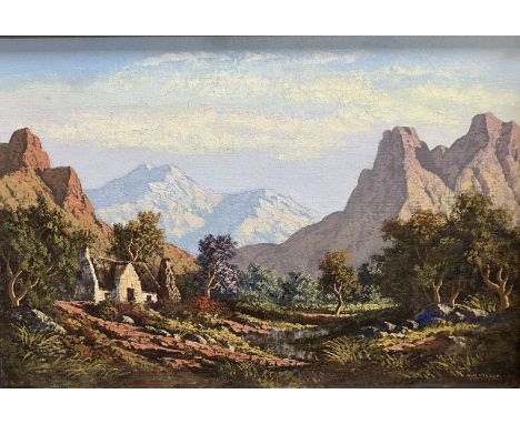 VICTOR N. VISSER (South African) "Groot Drakenstein Cape" a mountainous landscape study with cottage in foreground, oil on ca