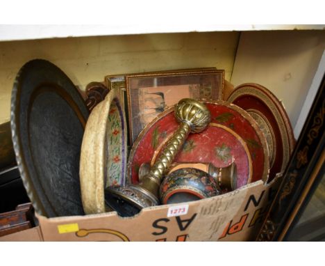 A mixed lot of Islamic items, to include a brass coffee grinder; a brass candlestick; papier mache etc.&nbsp; 