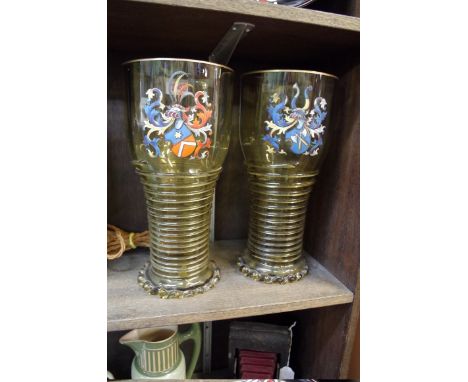  A large pair of Continental green glass and enamel vases,&nbsp;29.5cm high.&nbsp; 