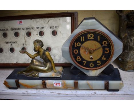 An Art Deco onyx, slate and spelter mantel clock, 48.5cm wide. 