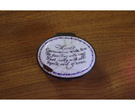 An 18th century enamel patchbox, possibly Bilston, 4.5cm wide, (a.f). 