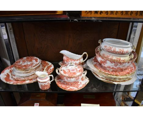 A Royal Crown Derby 'Red Aves' pattern part dinner service, comprising: a sauce terrine, cover and stand; a sauce boat and st